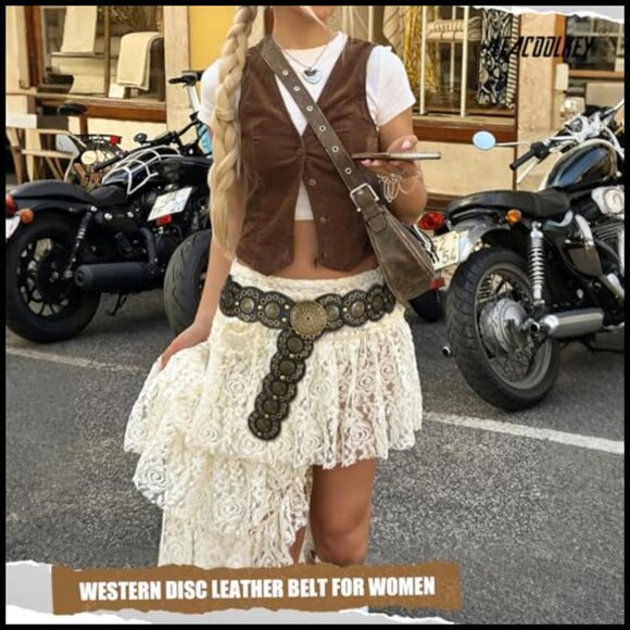 Western Concho Belt Vintage Boho Adjustable Waist Belt Y2K Chic Retro Style - Picture 2 of 7